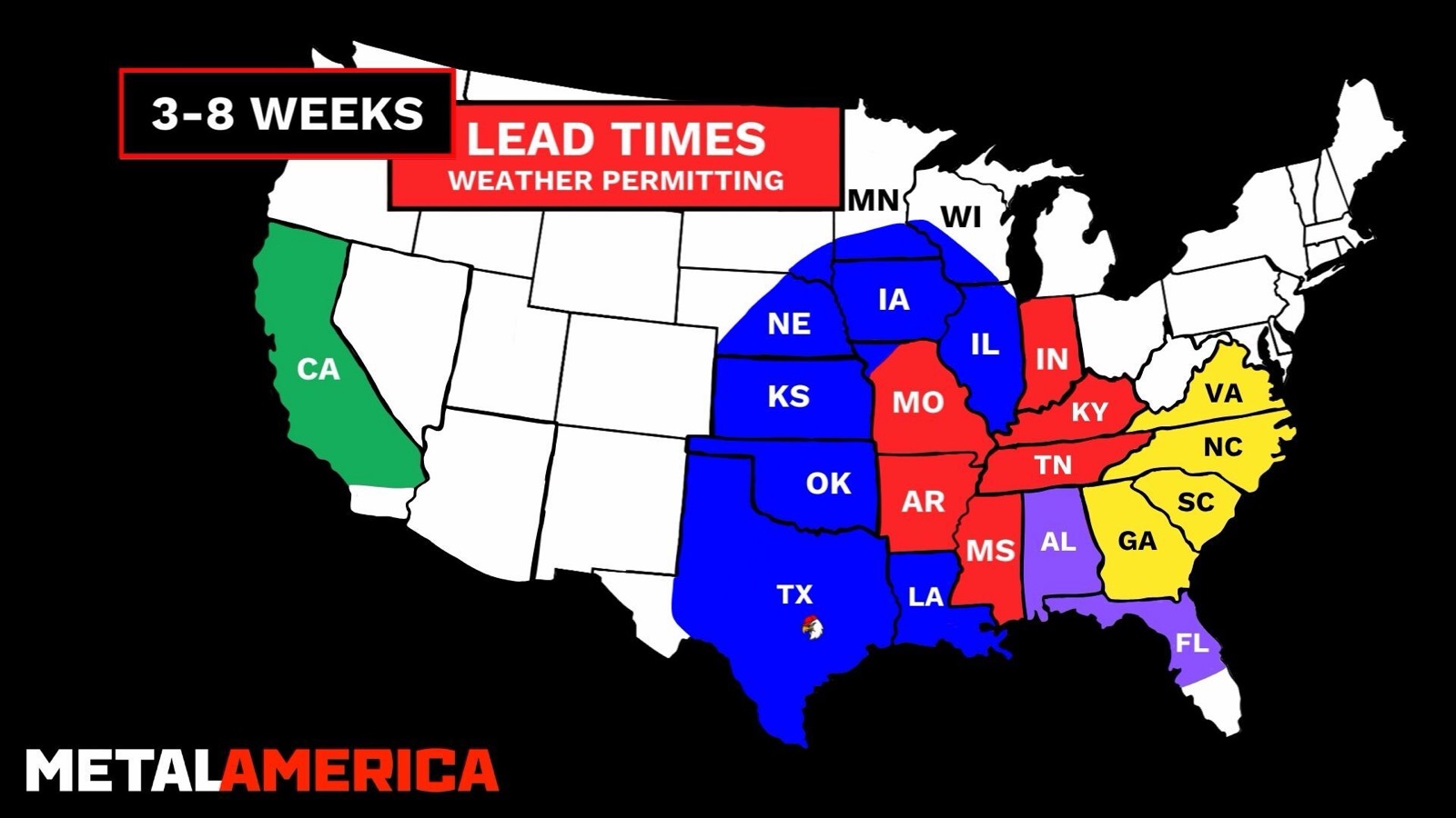 Metal America service area map with current lead-time zones